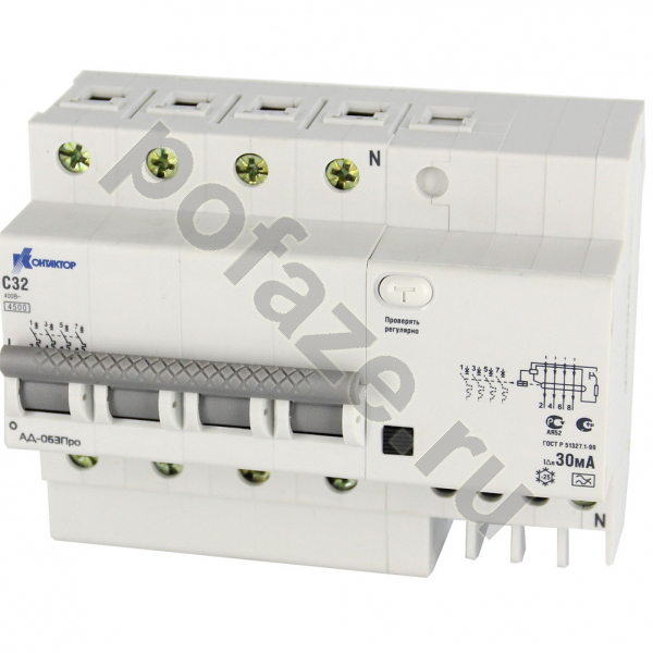 Автоматический выключатель дифференциального тока Контактор АД-063Про 4П 20А 100мА (C) 4.5кА (A)