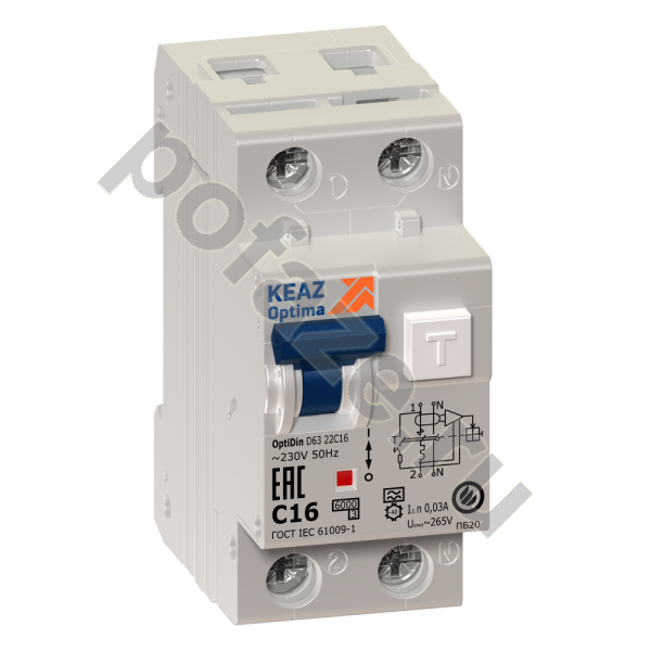Автоматический выключатель дифференциального тока КЭАЗ OptiDin D63-24 1П+Н 16А 300мА (C) 6кА (A)