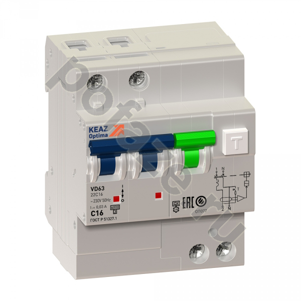 Автоматический выключатель дифференциального тока КЭАЗ OptiDin VD63-22 1П+Н 63А 30мА (C) 6кА (A)