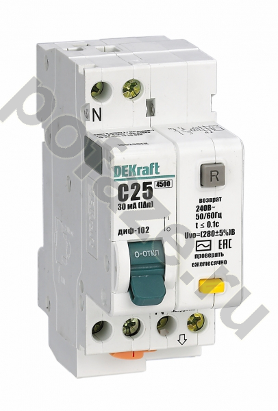 Автоматический выключатель дифференциального тока DEKraft 1П+Н 25А 30мА (C) 4.5кА (AC)