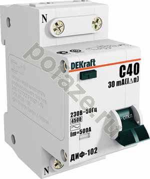 Автоматический выключатель дифференциального тока DEKraft ДИФ-102 1П+Н 40А 30мА (C) 4.5кА (AC)