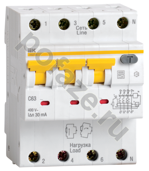 Автоматический выключатель дифференциального тока IEK АВДТ34 3П+Н 25А 30мА (C) 6кА (A)