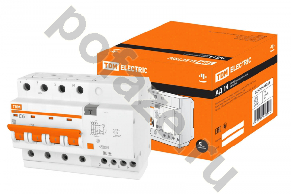 Автоматический выключатель дифференциального тока TDM ELECTRIC АД14 3П+Н 6А 10мА (C) 4.5кА (AC)