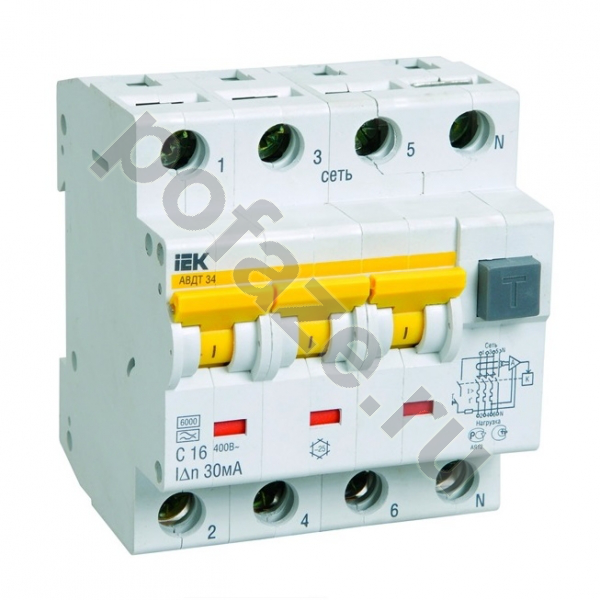 Автоматический выключатель дифференциального тока IEK АВДТ34 3П+Н 50А 30мА (C) 6кА (A)