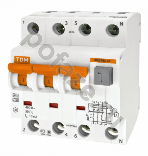 Автоматический выключатель дифференциального тока TDM ELECTRIC АВДТ63 3П+Н 25А 100мА (C) 6кА (A)