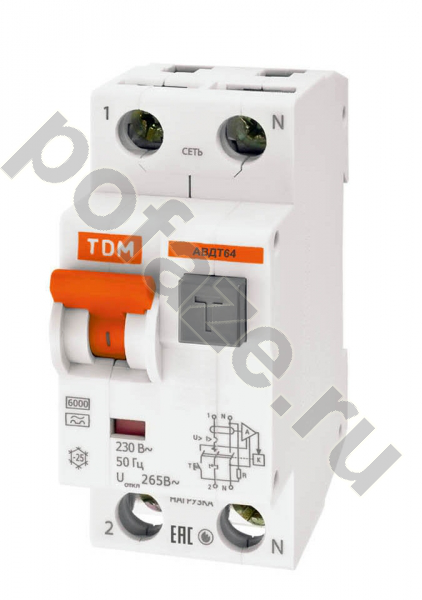 Автоматический выключатель дифференциального тока TDM ELECTRIC АВДТ64 1П+Н 16А 10мА (B) 6кА (A)