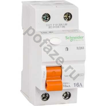 Автоматический выключатель дифференциального тока Schneider Electric Домовой ВД63 1П+Н 16А 10мА (C) 4.5кА (AC)