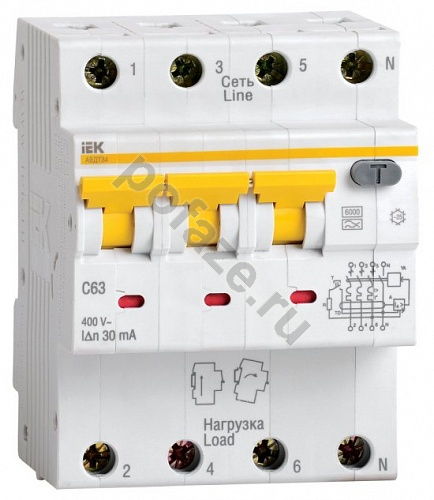 Автоматический выключатель дифференциального тока IEK АВДТ34 3П+Н 63А 30мА (C) 6кА (A)