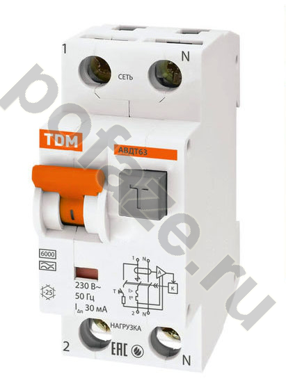 Автоматический выключатель дифференциального тока TDM ELECTRIC АВДТ63 1П+Н 25А 10мА (B) 6кА (A)