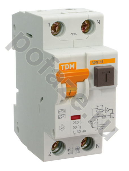 Автоматический выключатель дифференциального тока TDM ELECTRIC АВДТ63 1П+Н 16А 300мА (C) 6кА (A)
