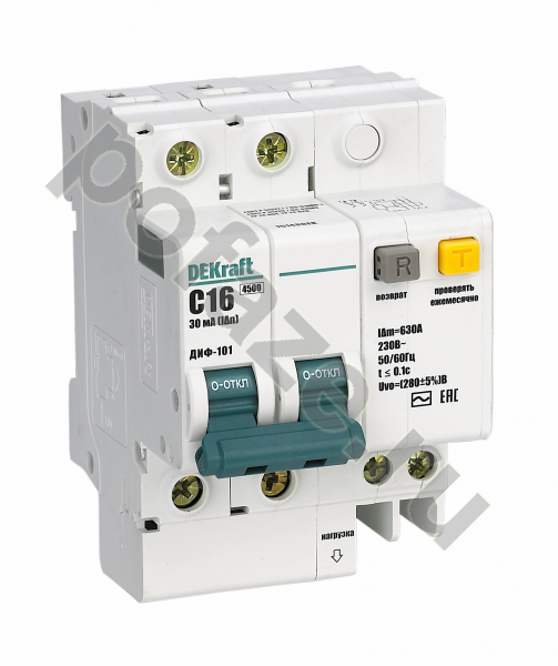 Автоматический выключатель дифференциального тока DEKraft ДИФ-101 1П+Н 16А 30мА (C) 4.5кА (AC)