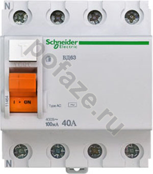 Автоматический выключатель дифференциального тока Schneider Electric Домовой ВД63 3П+Н 40А 100мА (C) 4.5кА (AC)
