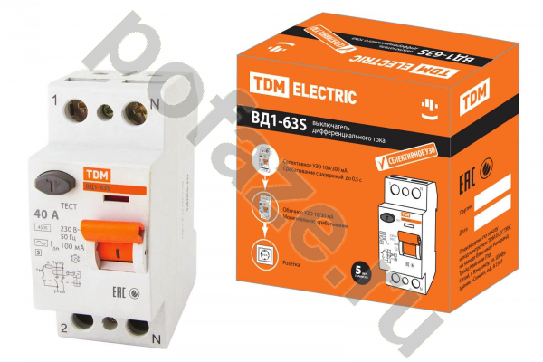 Устройство защитного отключения TDM ELECTRIC ВД1-63S 2П 40А 100мА (AC)