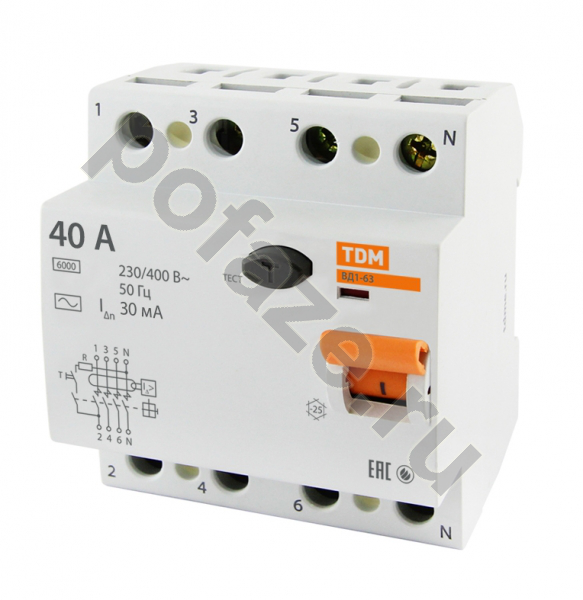 Устройство защитного отключения TDM ELECTRIC ВД1-63 4П 40А 30мА (AC)