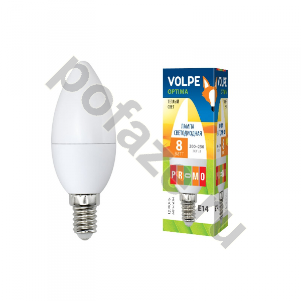 Лампа светодиодная LED свеча Volpe d37мм E14 8Вт 240гр. 220-230В 3000К