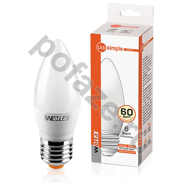 Лампа светодиодная LED свеча Wolta E27 6Вт 220-230В 3000К