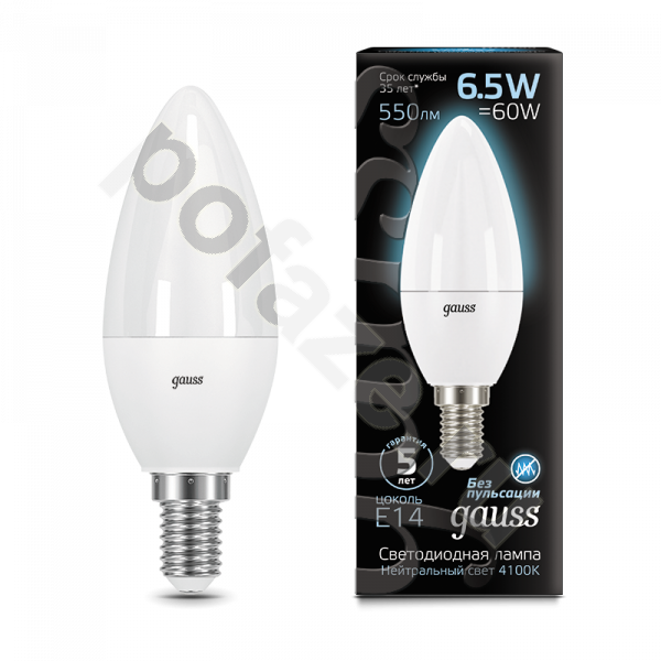 Лампа светодиодная LED свеча Gauss d35мм E14 6.5Вт 240гр. 150-265В