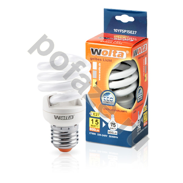Лампа энергосберегающая спираль Wolta E27 15Вт 220-240В 3000К