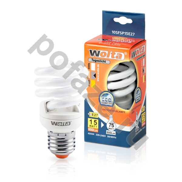 Лампа энергосберегающая спираль Wolta E27 15Вт 220-240В 4000К