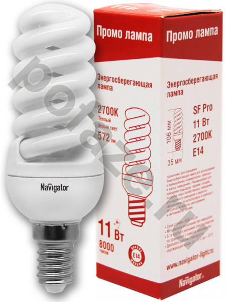 Лампа энергосберегающая спираль Navigator d35мм E14 11Вт 230В 2700К
