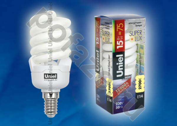 Лампа энергосберегающая спираль Uniel d40мм E14 15Вт 220-240В