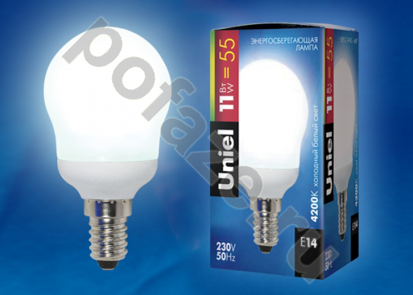 Лампа энергосберегающая шарообразная Uniel d45мм E14 11Вт 220-240В