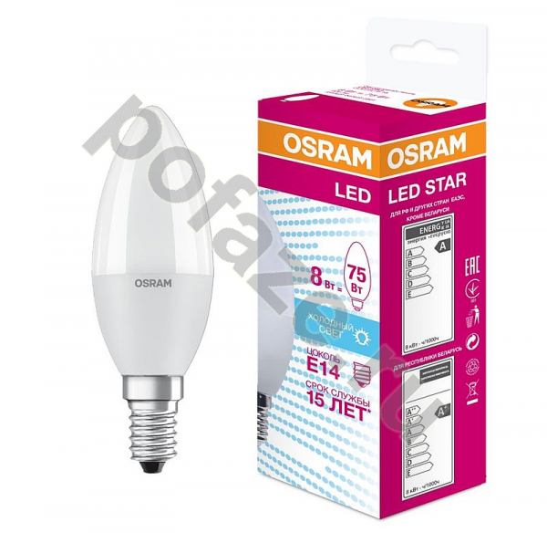 Лампа светодиодная LED свеча Osram d39мм E14 8Вт 220-240В 4000К