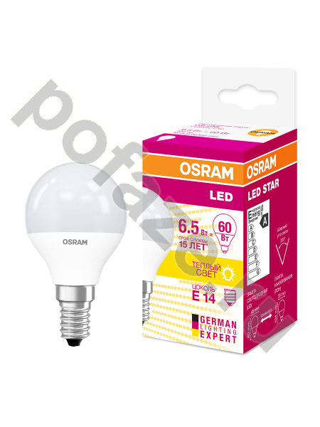 Лампа светодиодная LED шарообразная Osram d45мм E14 6.5Вт 200гр. 220-240В 3000К