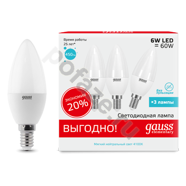 Лампа светодиодная LED свеча Gauss d38мм E14 6Вт 240гр. 150-265В 4100К