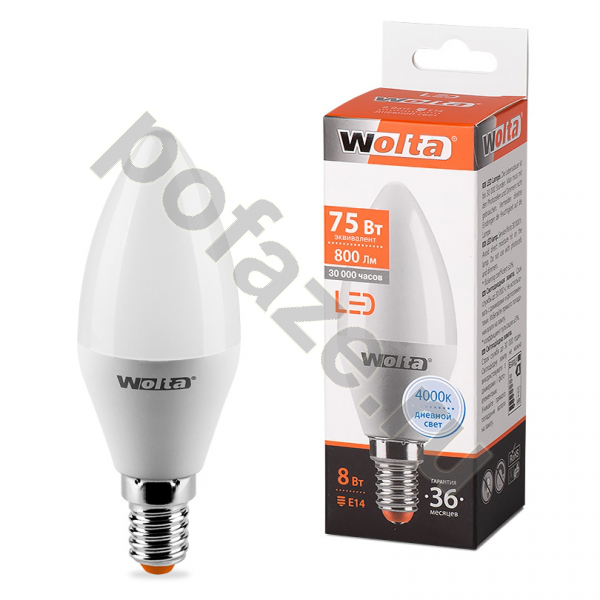 Лампа светодиодная LED свеча Wolta d37мм E14 8Вт 220-230В 4000К
