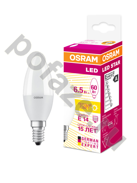 Лампа светодиодная LED свеча Osram d37мм E14 6.5Вт 200гр. 220-240В 3000К