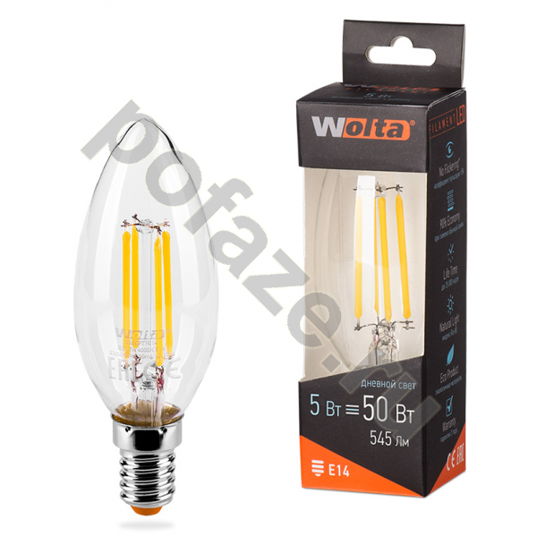 Лампа светодиодная LED свеча Wolta E14 5Вт 300гр. 220-240В 4000К