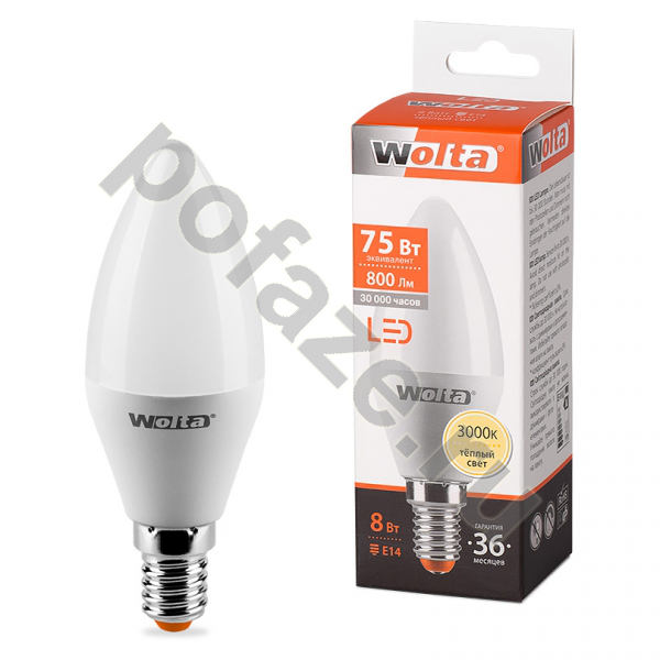 Лампа светодиодная LED свеча Wolta d37мм E14 8Вт 220-230В 3000К