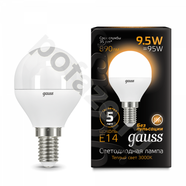 Лампа светодиодная LED шарообразная Gauss d45мм E14 9.5Вт 240гр. 150-265В 3000К