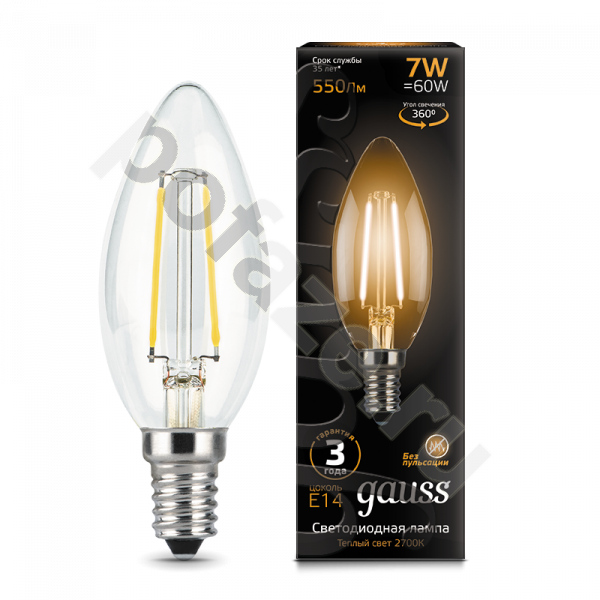 Лампа светодиодная LED свеча Gauss d35мм E14 7Вт 360гр. 150-265В 2700К