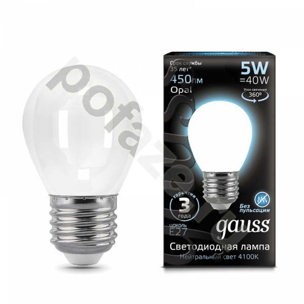 Лампа светодиодная LED шарообразная Gauss d45мм E27 5Вт 360гр. 150-265В 4100К