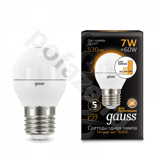 Лампа светодиодная LED шарообразная Gauss d45мм E27 7Вт 240гр. 220В 3000К