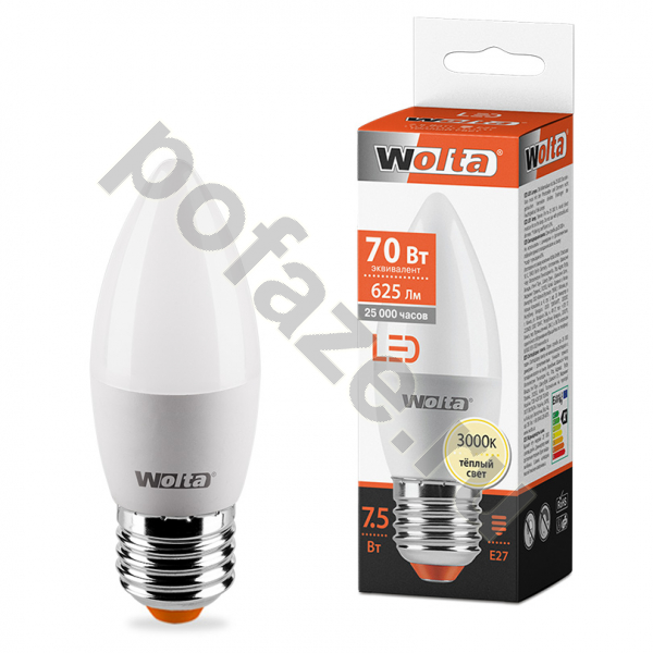 Лампа светодиодная LED свеча Wolta d37мм E27 7.5Вт 200гр. 220-240В 3000К