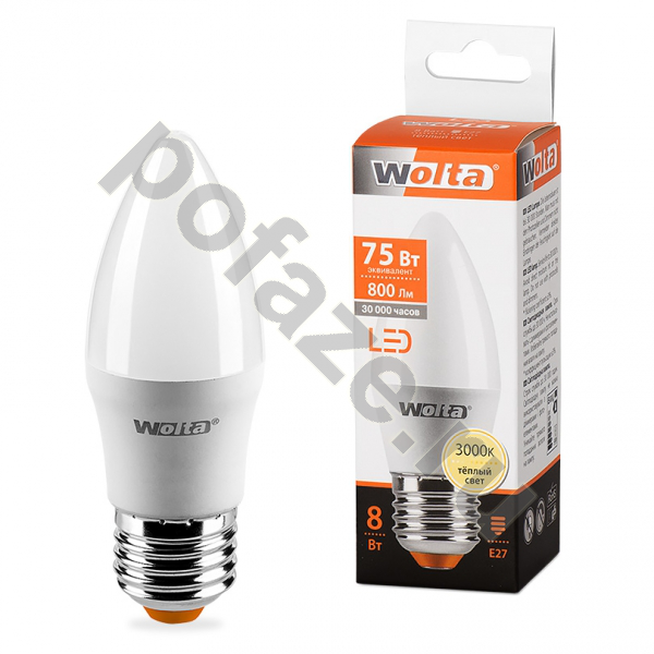 Лампа светодиодная LED свеча Wolta d37мм E27 8Вт 220-230В 3000К