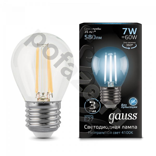 Лампа светодиодная LED шарообразная Gauss d45мм E27 7Вт 360гр. 150-265В 4100К