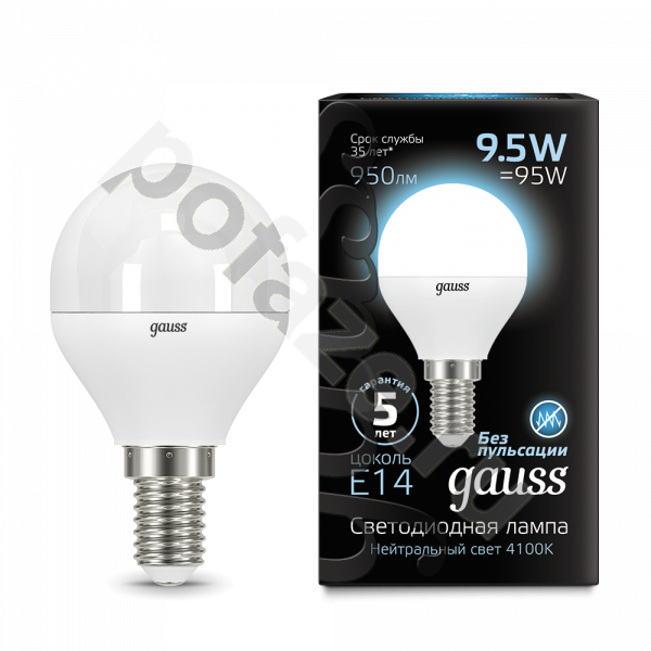 Лампа светодиодная LED шарообразная Gauss d45мм E14 9.5Вт 240гр. 150-265В 4100К