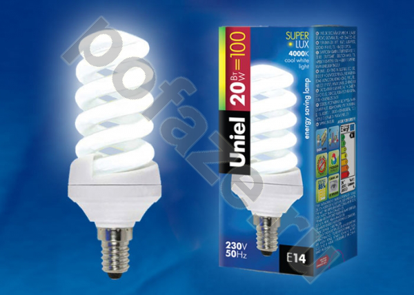 Лампа энергосберегающая спираль Uniel d45мм E14 20Вт 220-240В