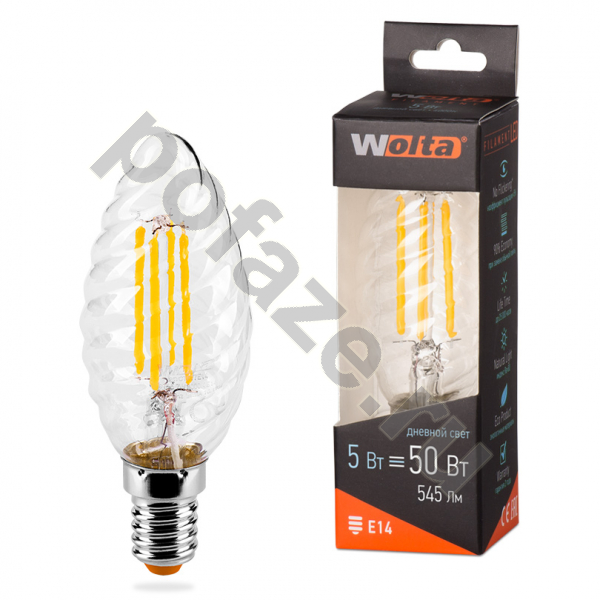 Лампа светодиодная LED свеча витая Wolta E14 5Вт 300гр. 220-240В 4000К