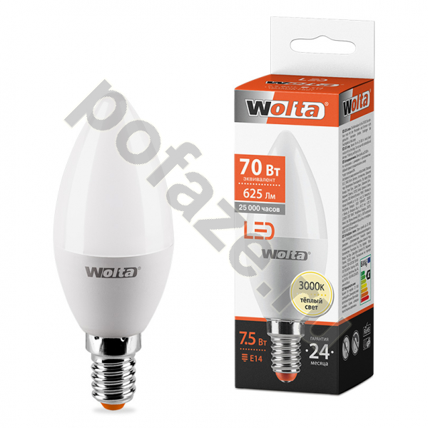 Лампа светодиодная LED свеча Wolta E14 7.5Вт 200гр. 220-240В 3000К