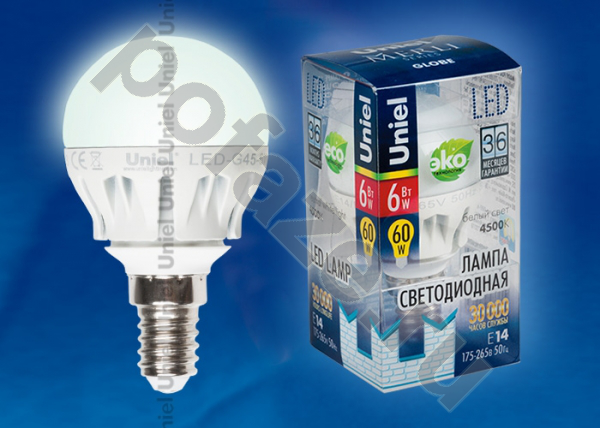 Лампа светодиодная LED шарообразная Uniel d45мм E14 6Вт 240гр. 220-230В