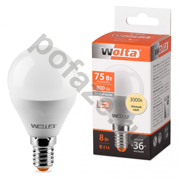 Лампа светодиодная LED шарообразная Wolta d45мм E14 8Вт 220-230В 3000К