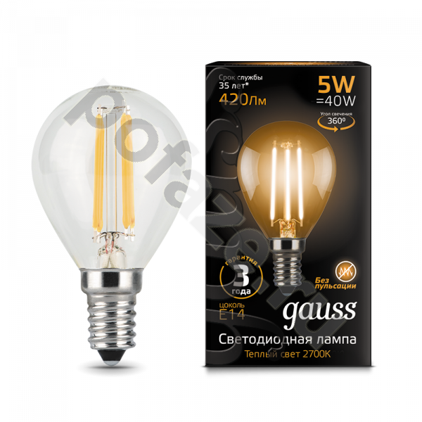 Лампа светодиодная LED шарообразная Gauss d45мм E14 5Вт 360гр. 185-265В 2700К