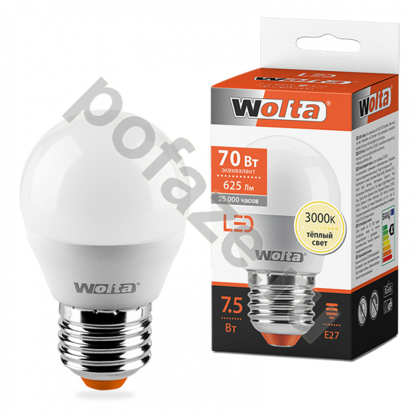 Лампа светодиодная LED шарообразная Wolta d45мм E27 7.5Вт 200гр. 220-240В 3000К