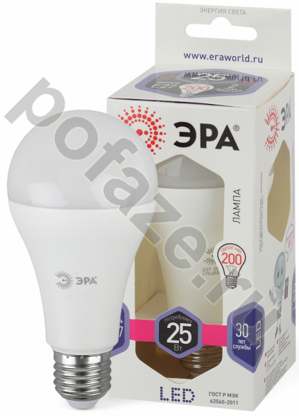 Лампа светодиодная LED грушевидная ЭРА d65мм E27 25Вт 270гр. 170-265В 6000К