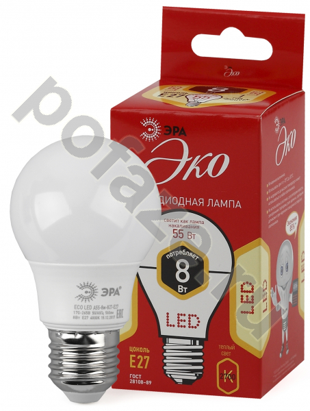 Лампа светодиодная LED грушевидная ЭРА d55мм E27 8Вт 270гр. 220-240В 2700К